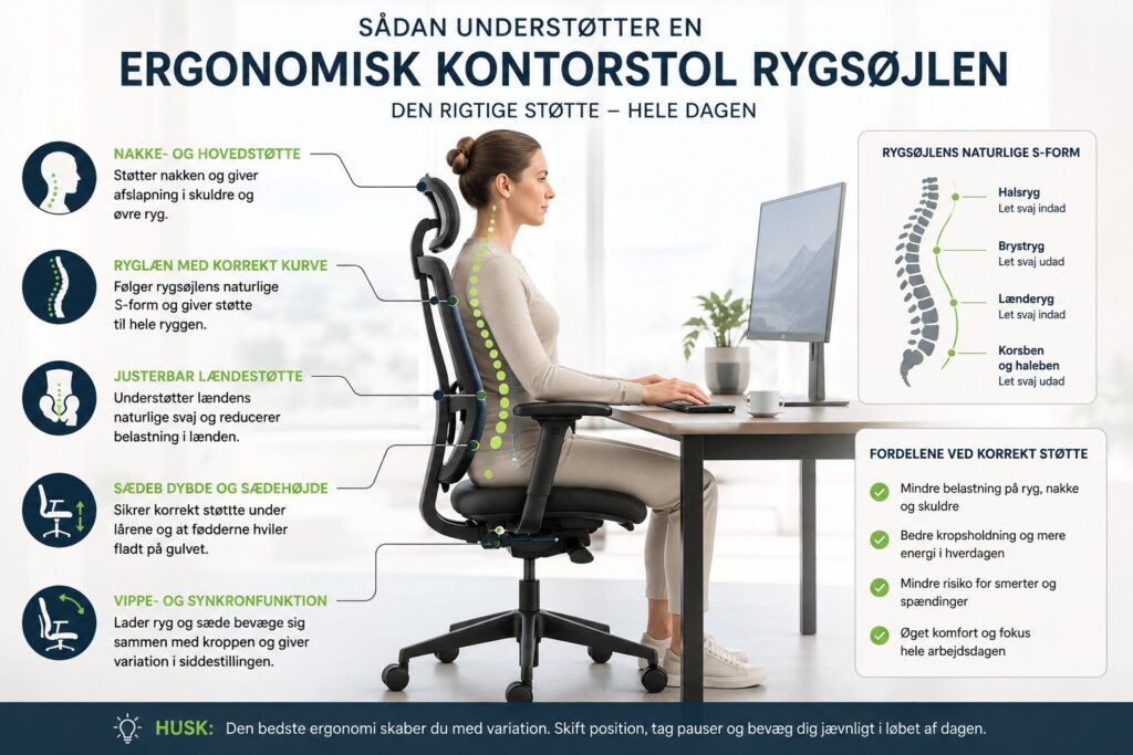 Sådan understøtter en ergonomisk kontorstol rygsøjlen